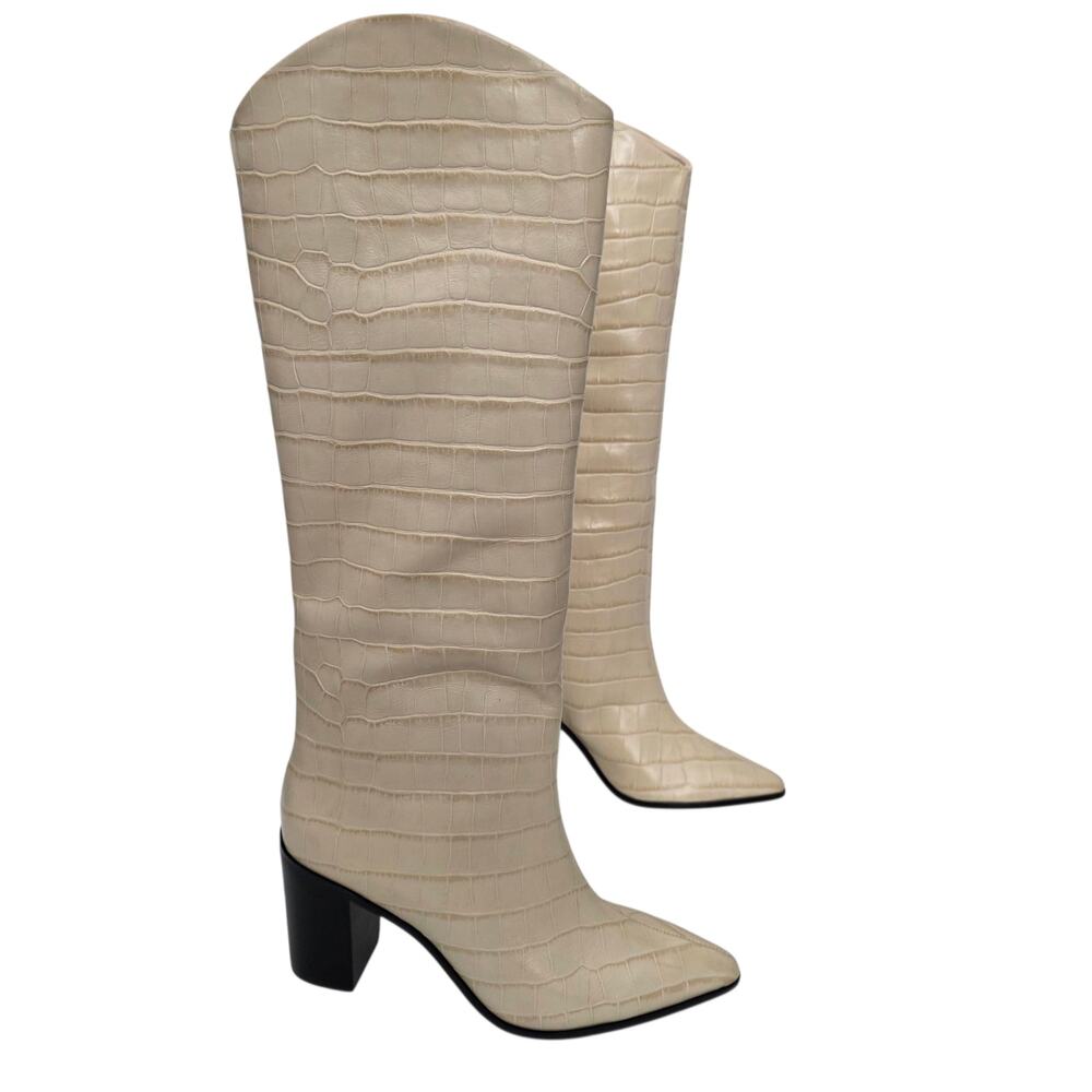 SCHUTZ Cream Beige Pointed Toe Block Heel Knee High Embossed Leather Boots 9.5